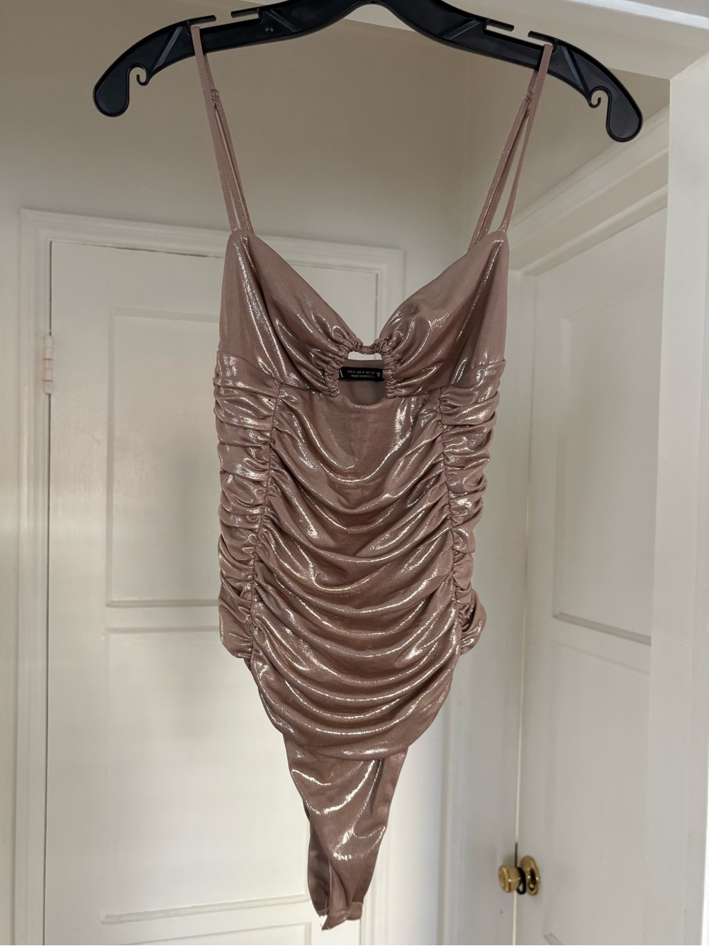 Zara Shimmery Mauve Ruched Spaghetti Strap Bodysuit